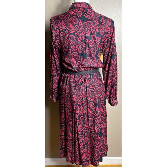 Liz Claiborne Dress Red Black Paisley Vtg 80s Career Midi Leather Belt Womens M - Picture 3 of 12